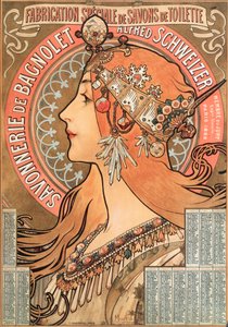 Årets kalendersida 1898 dekorerad av en reklamillustration av Alphonse Mucha (1860-1939) för tvålföretaget Savonnerie de Bagnolet Alfred Schweizer - Reklamillustration av Alphons ( av Alphonse Mucha