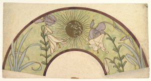 Design för en fläkt med sunburst, liljor och iris, sent 1800 - mitten av 1900-talet av Alphonse Mucha