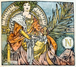 Illustration av Alphonse Mucha från "Clio" ett verk av den franske författaren Anatole France. 1900. Mucha (1860 – 1939). var en tjeckisk jugendmålare av Alphonse Mucha