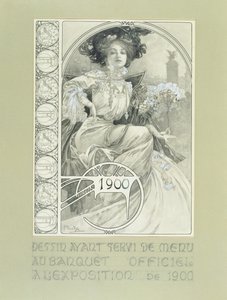 Officiell bankett för Paris International Exhibition 1900. Design för menyn. av Alphonse Mucha