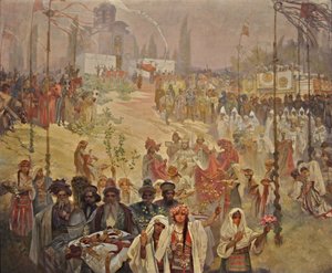 Den serbiske tsaren Stefan Dusans kröning till östromersk kejsare Cykeln Det slaviska eposet av Alphonse Mucha