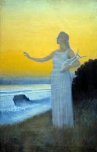Anthem to the Sea Ung kvinna som håller en lyra mot havet. Karaktär som frammanar den grekiska poetinnan av Antiquite Sapho. Målning av Alphonse Osbert (1857-1939) 1900 privat samling