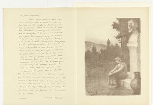 Illustration med en kvinna som sitter nära en byst av en man och en vattenkanna med dikten La jarre couronnée av Marcel Schwob Illustration för La jarre couronnée av Marcel Schwob L