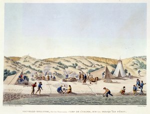 Baie des Chiens Marins, New Holland: Lägret i Urania nära Ile Peron, från 