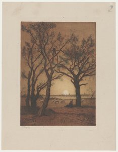 Landskap med får i solnedgången Kvällslandskap med får i Drenthe av Alphonse Stengelin (signed by artist)