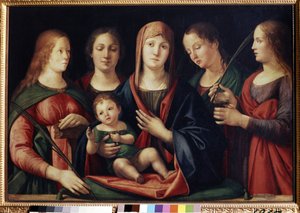 Jungfrun och barnet med Marie Madeleine Sainte Catherine och två helgon (Madonna och barnet med Maria Magdalena, Sainte Catherine och två helgon). Målning av Alvise Vivarini (cirka 1446-cirka 1505). Olja på duk, 89 x 129 cm