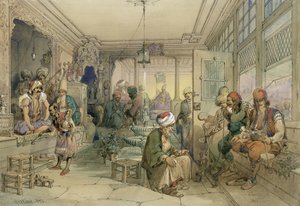 Ett kaffehus i Konstantinopel, 1854 (penna, bläck och wc på papper)