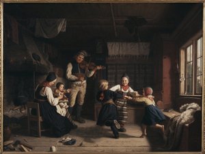 Söndag kväll i en bondgård i Dalarna - Söndagskväll i en bondgård i Dalarna, av Lindegren, Amalia (1814-1891). olja på duk