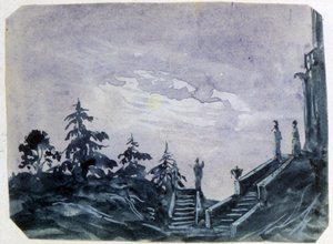 Utsikt över ett fantastiskt slottsområde i månsken". Akvarell och gouache. Aurore Amadine Lucie Dupin (1804-1876) fransk romanförfattare och feminist som skrev under namnet George Sand.