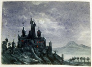 Utsikt över ett fantastiskt slott i månskenet". Akvarell och gouache. Aurore Amadine Lucie Dupin (1804-1876) fransk romanförfattare och feminist som skrev under namnet George Sand.