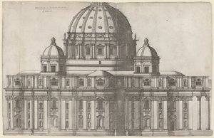 Längsgående vy av Peterskyrkan, Rom av Ambrogio Brambilla, after Michelangelo