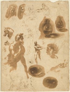 Studier av glasburkar och figurer (recto) av Ambrogio Figino