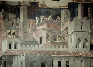 Effekter av god regering i staden, detalj av arkitektur och konstruktion av ett hus av Ambrogio Lorenzetti