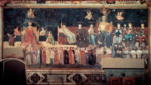 Effekter av bra och dåligt styre på staden och landsbygden (Allegoria del buon e del cattivo governo): detalj som representerar god regering (allegorier om fred, Magnanimite, försiktighet, nykterhet, rättvisa). Fresk av Ambrogio Lorenzetti (1290-1348).