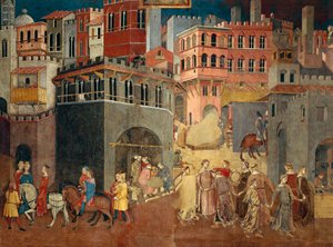 Effekter av god regering i stad, detalj från Allegory och effekter av god och dålig regering i stad och land av Ambrogio Lorenzetti