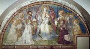 Maesta - Jungfrun och barnet, omgiven av helgon och ärkeängeln Mikael (fresko av Ambrogio Lorenzetti