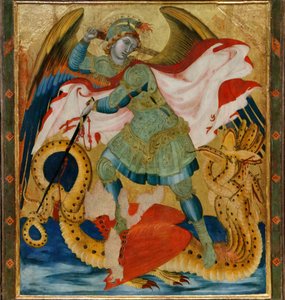 Ärkeängeln Sankt Mikael dräper draken mellan Benedictus och Bartolomeus (tempera på pannå)