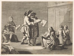 Fem män och kvinnor tittar på bilder av Ambrogio Orio