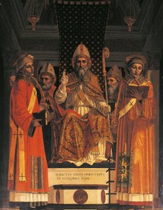 Italien, Lombardiet, Pavia Charterhouse (Certosa), femte kapellet till höger, altartavla med Saint Syrus på tronen av Ambrogio da Fossano känd ("il Bergognone")