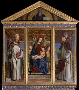 Jungfru och barn med de heliga Saint Hugh of Avalon (eller Hugh of Lincoln) (1140-1200) och Saint Hugh of Grenoble (eller Hugh of Chateauneuf) (1053-1132) Målning av Ambrogio da Fossano dit il Bergognone (1481-1522) Cathedrale Saint Just, Susa, Turin