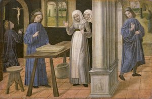 Bönen, silens mirakel och avresan till Subiaco, predellapanel från en altartavla som föreställer scener ur St. Benedictus liv, 1488-95
