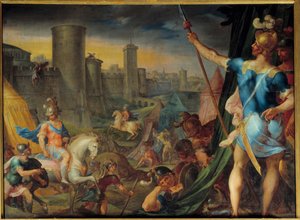 Croisenas läger framför Jerusalem Från serien "" Histoire de Tancrede et de Clorinde"" som illustrerar "" La jerusalem delibree""" av poeten Le Tasse (Il tasso) Målning av Ambroise Dubois (1542-1614) Sun . 1,62 x 2,15 m Fontainebleau. Slott