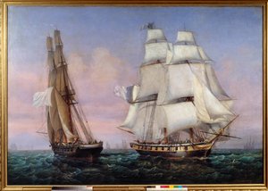 Återvändande från ön Elba 28/02/1815 Napoleon I (1769-1821) ombord på fartyget "" The inconstant""" korsar "" Zephyr""". Målning av Ambroise Louis Garneray (1783-1857) 1837 Sön. 1,87x2,27 m av Ambroise Louis Garneray