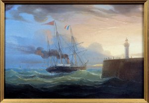 Steam Outgoing the Harbour Målning av Louis Garneray (1783-1857) Fecamp från 1800-talet, Museum of the Newfoundland av Ambroise Louis Garneray