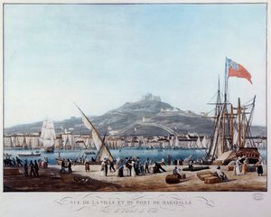 Utsikt över hamnen i Marseille under restaureringsakvarellen av Ambroise Louis Garneray (1783-1857) Marseille från 1800-talet, Musee de la Marine av Ambroise Louis Garneray
