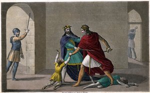 Childebert I lät Clotaire (Clothaire) slakta barnen till deras bror Clodomir, kung av Orleans, vars stater de delar. Designad och graverad av Ambroise Tardieu 1825. av Ambroise Tardieu