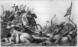 Clodion, The Hairy (c428-47) retirerar över bron efter hans nederlag mot Aetius - Clodion dit "" Le Chevelu"" (ca 428-ca 448), förfader till merovingerna, ledare för Salians Francs - Clodion är besegrad av Aetius, general Valentinien III, som av Ambroise Tardieu
