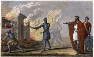 Clotaire (Clothaire) I (497 - 561) bränner sin son Chramne i en stuga, gör uppror mot honom - Reign of Clotaire. Clotaire brände i en stuga hans son Chramne gjorde uppror mot honom - Dessine et grave av Ambroise Tardieu 1825. av Ambroise Tardieu