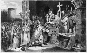 Clovis I (465-511) Döpt med män från sin armé före slaget vid Tolbiac - Bapteme av Clovis 1:a, 25:e december 496: le roi des Francs (466-511) döps av Saint Remi (437-533), eveque of Reims, i Saint Martin Church - Gravyr 1825 i "Histoi