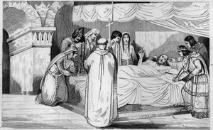 Död av Pepin av Herstal (635-714) omgiven av sin familj - Pepin de Herstals död (farfar till Pepin le Brief), omger hans familj och i närvaro av Dagobert III (år 714) - Gravyr 1825 i "Histoire de France representeras av synoptisk smärta av Ambroise Tardieu