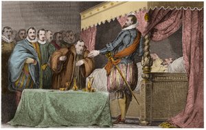 Henrik III (1551-1589), kung av Frankrike, erkänner på sin dödsbädd Henrik av Navarra (Henry IV) som sin legitima efterträdare - Saint-Cloud, 2 augusti