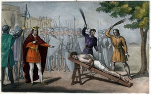 Lord Bodillon piskas efter att ha klagat över Childeric II:s (653-73) skattehöjning - Childeric II har bundit fast en burgundisk lord vid namn Badillon eller Bodillon vid en stolpe och slagit honom som en slav för att han vågat påtala faran med en alltför  av Ambroise Tardieu