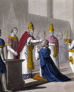 Ludvig II invigdes en andra gång vid konciliet i Troyes av Johannes VIII 879 (detalj av 33595). Designad och graverad av Ambroise Tardieu 1825. av Ambroise Tardieu