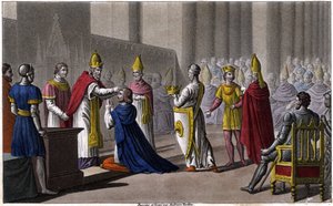 Ludvig II invigdes en andra gång vid konciliet i Troyes av Johannes VIII 879. Designad och graverad av Ambroise Tardieu 1825. av Ambroise Tardieu