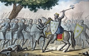 Ludvig VI, känd som "the Gros" (1081 - 1137), i slaget vid Brenneville, försöker avlägsna Normandie från kung Henrik I 1119. - Designad och graverad av Ambroise Tardieu 1825. av Ambroise Tardieu