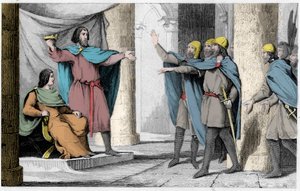 Louis V the Indolent visar sin krona för sina anhängare 986 - Louis V le Faineant (ca 967-987), utropad till kung av Frankrike under skydd av Hugues Capet, som blev kung av Frankrike, 986 - Gravyr 1825 i " Histoire de France representerad av synopt av Ambroise Tardieu