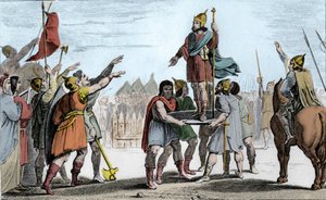 Pharamond I (c370-427), kung av frankerna. Rest upp på en sköld av sitt folk som har valt honom till kung - Pharamond, erkänd av franc-salianerna och gallerna återförenade i ett folk, reses upp på en sköld och vandrar runt lägret i triumf - Legen