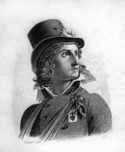 Porträtt av Henri du Vergier, greve av La Rochejaquelein (eller Verger de La Rochejacquelein) (1772-1794). Han har på bröstet försäljarnas insignier. - i” Porträtt av de franska generalerna efter fransmännens segrar och erövringar””. Graverad av Ambroise Tardieu