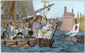 Sjunde korståget: Kung Saint Louis (1214-1270) och korstågen som belägrade Damiette i juni 1249 i Nedre Egypten - Sjunde korståget till det heliga landet 1248-50 - Saint Louis IX (1214-70) leder sina trupper i strid - Gravyr av 1825 i ”Histoire de France r