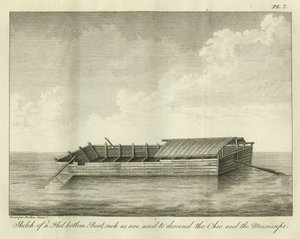 Skiss över en båt med platt botten, som används för att ta sig nerför Ohio och Mississippi, publicerad 1826. av Ambroise Tardieu