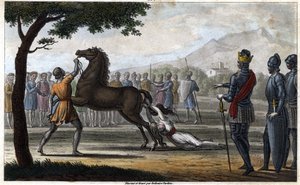 Drottning Brunhilda av Austrasia, en visigotisk prinsessa, gift med kung Sigebert I av Austrasia - Brunehauts (eller Brunehildes död) beordrad av Clotaire (Clothaire) II (613). Ritningar och gravar av Ambroise Tardieu 1825.