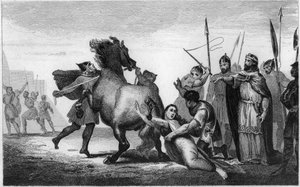 Drottning Brunhilda av Austrasien, en visigotisk prinsessa, gift med kung Sigebert I av Austrasia - tortyr av Brunehaut: Brunehaut eller Brunehilde (543-613), fånge av Clotaire (Clothaire) II, är fäst vid svansen på en eldig häst i 613 - E
