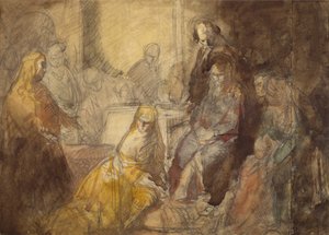 Maria Magdalena smörjer Kristi fötter (penna och akvarell)