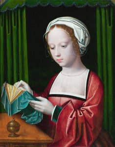 Magdalenaläsningen (olja på panel) av Ambrosius (follower of) Benson