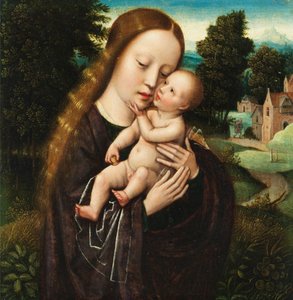 Ambrosius Benson Maria med barnet i landskap av Ambrosius Benson