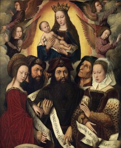 Holländska: Maria med barnet omgiven av änglar, profeter och sibyllor Deipara Jungfrun av Ambrosius Benson